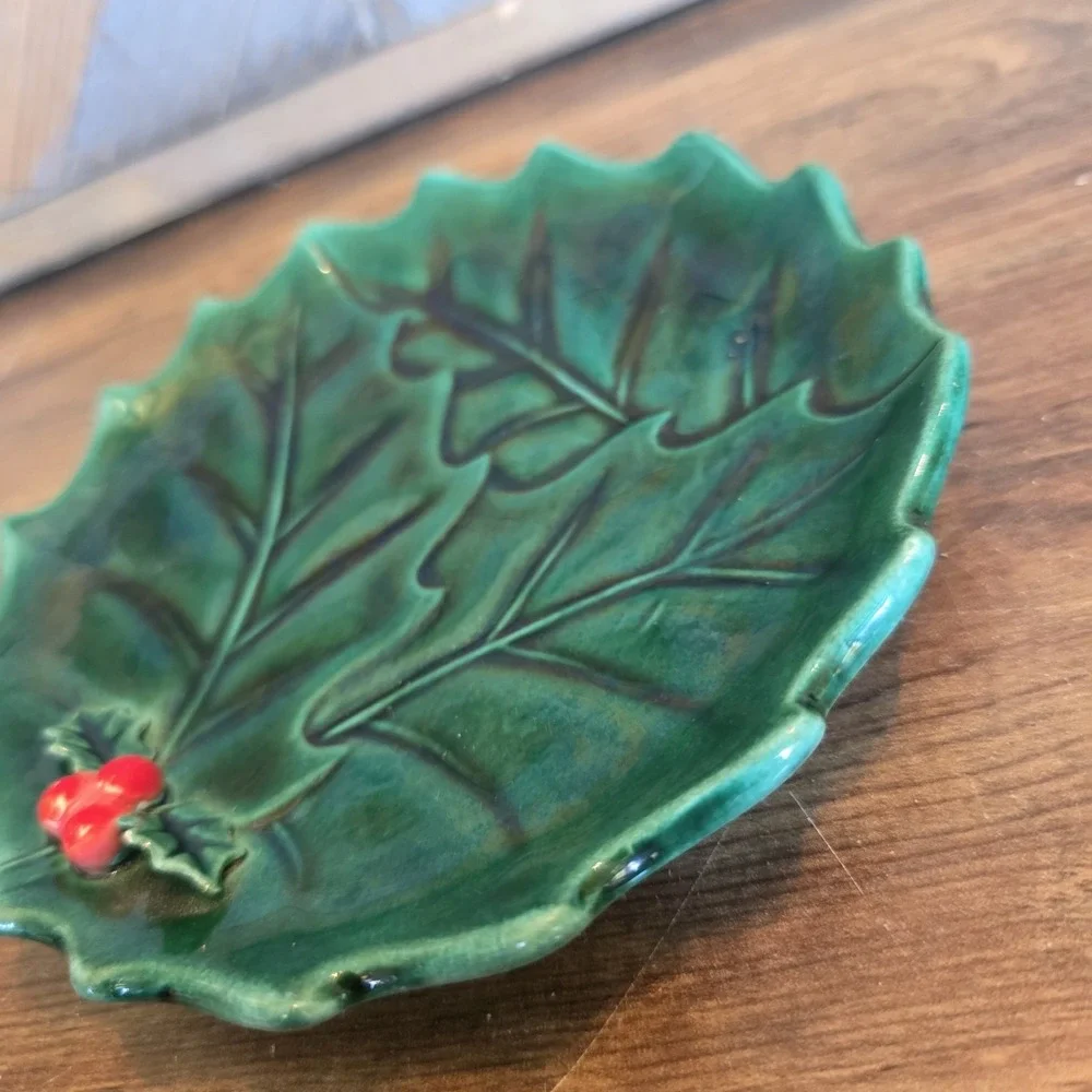 Vintage Lefton Green Holly Berry Compote Candy Dish Plate Serving Christmas 6